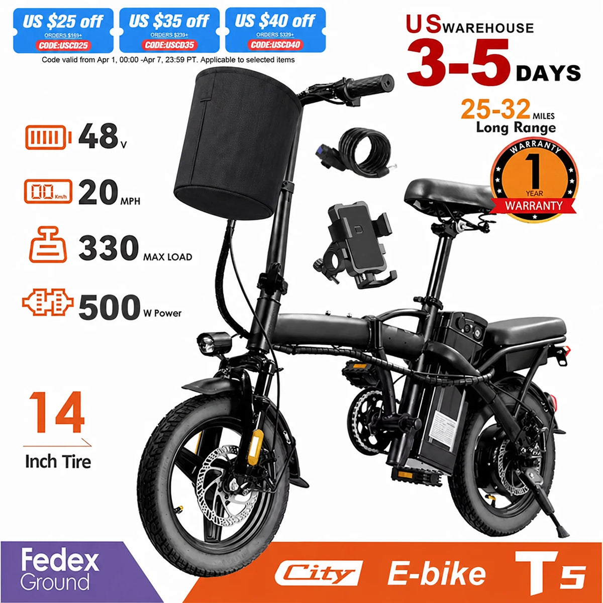 Terrosor Folding Electric Bike With 500W Motor And Detachable Battery