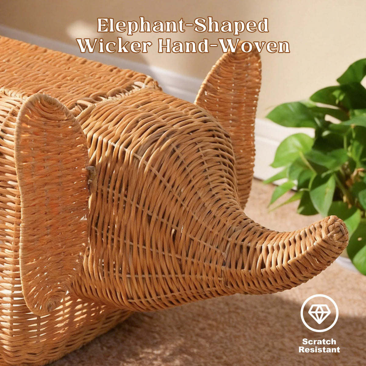 PEQULTI Handmade Elephant Rattan Cat Condo Bed With Plush Cushion