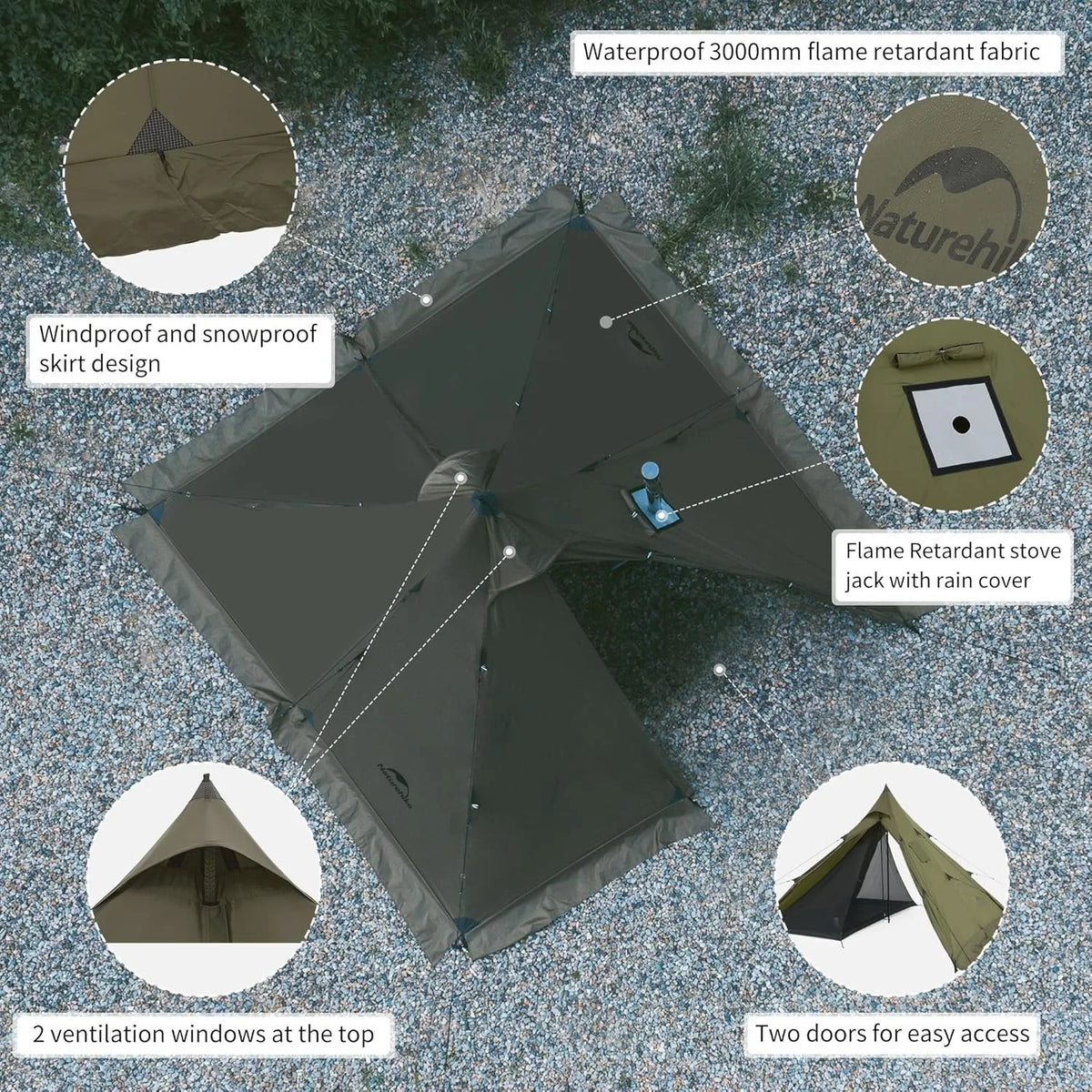 Naturehike Teepee Camping Tent With Chimney Window Flame Retardant Design