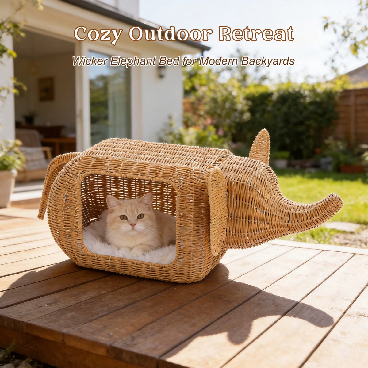 PEQULTI Handmade Elephant Rattan Cat Condo Bed With Plush Cushion