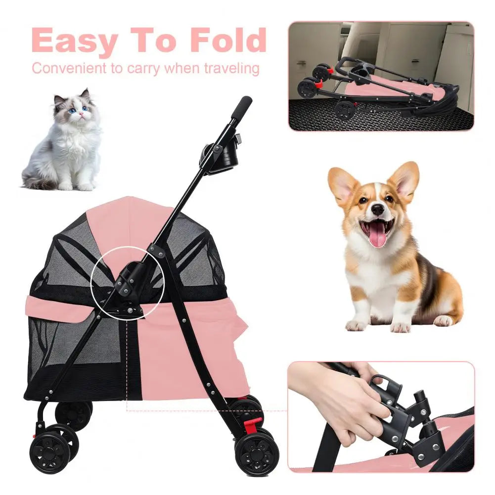Breathable Mesh Pet Stroller With Visible Window And Folding Design