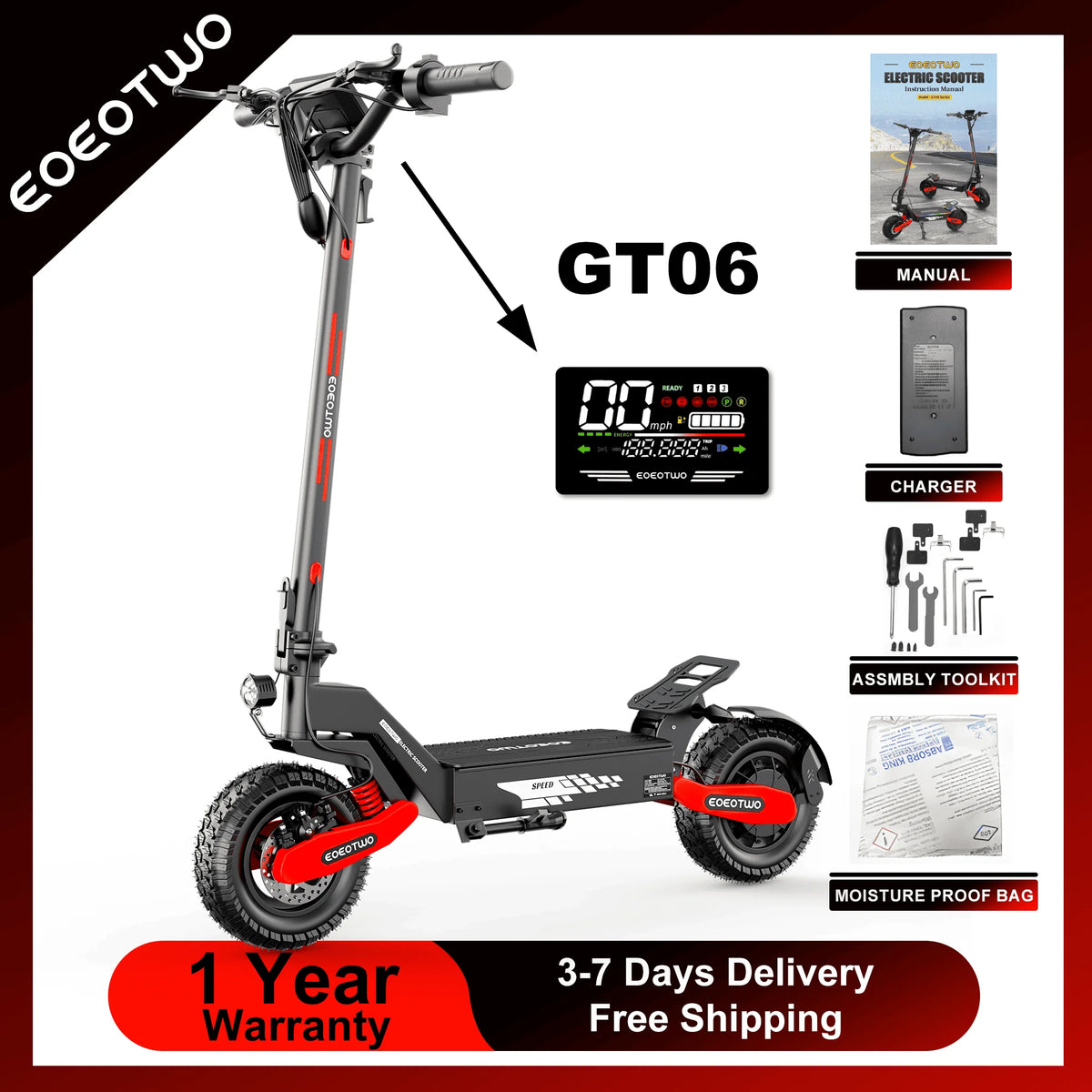 EOEOTWO GT06 Electric Scooter With 1200W Motor And Dual Suspension