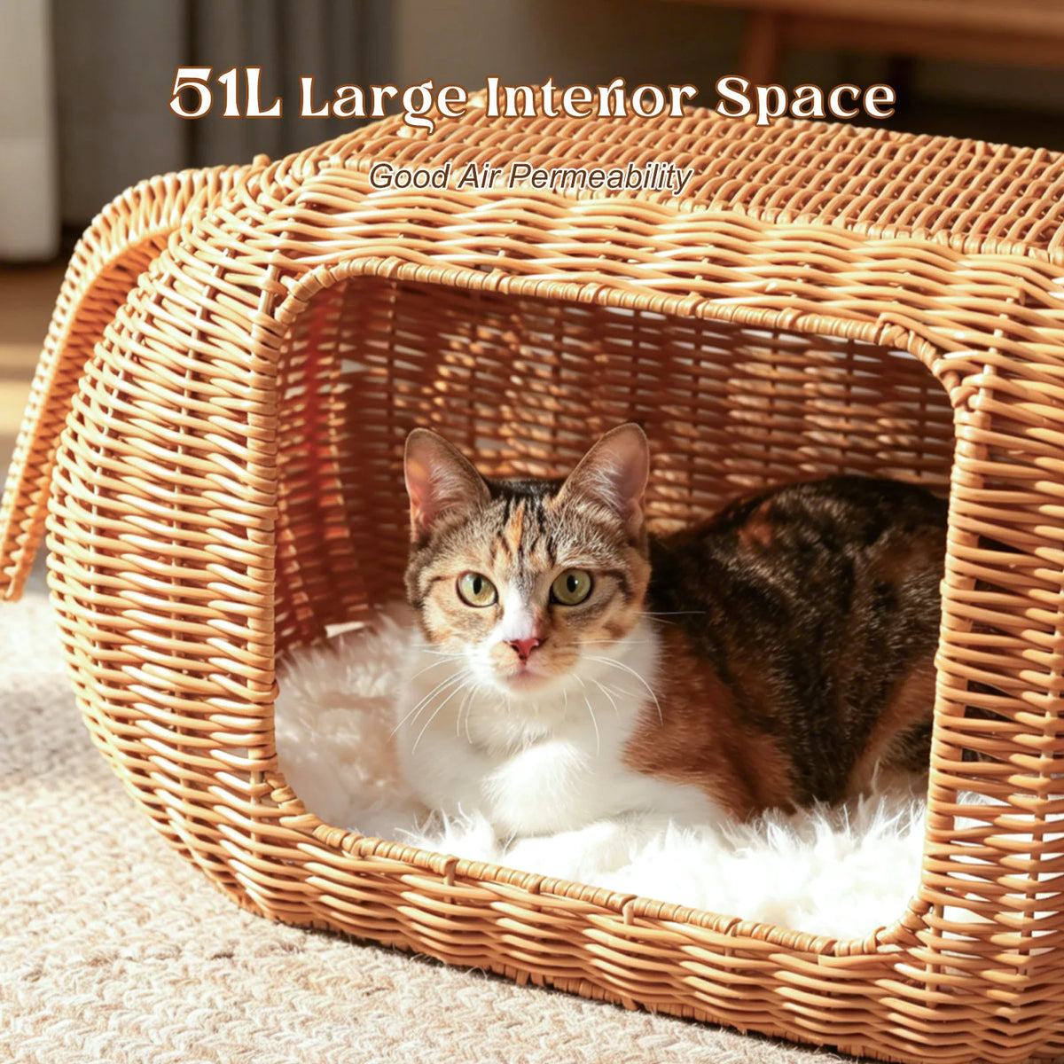 PEQULTI Handmade Elephant Rattan Cat Condo Bed With Plush Cushion