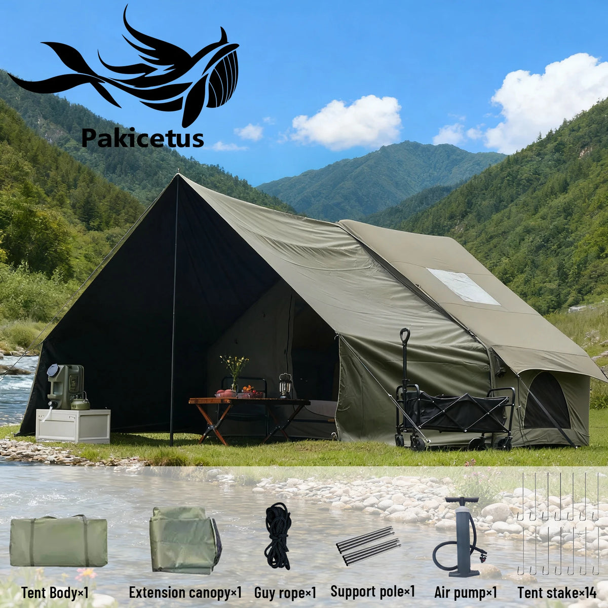 Pakicetus Inflatable Camping Tent With Extended Sun Canopy
