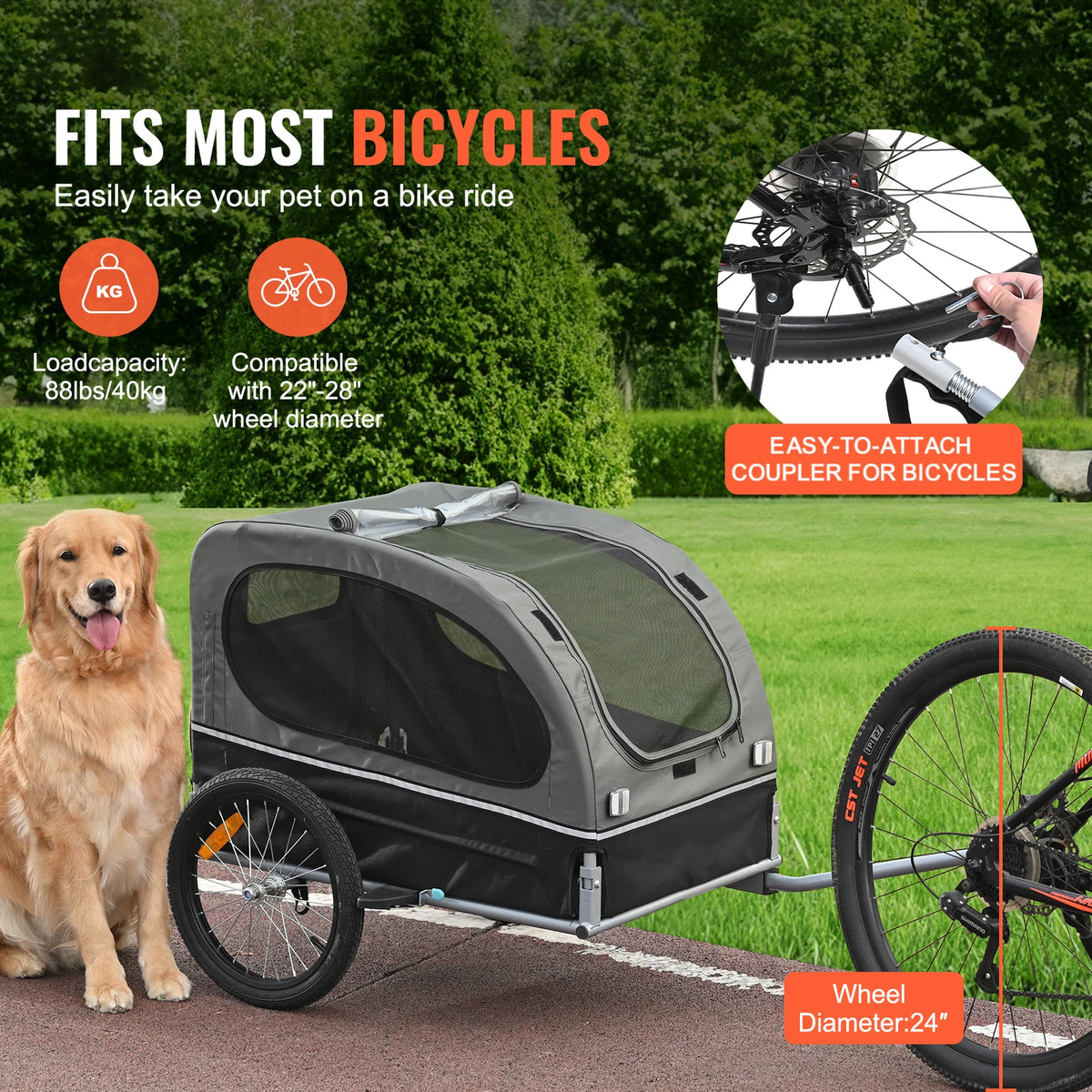 SucceBuy Collapsible Dog Bike Trailer Pet Carrier with Safety Reflectors