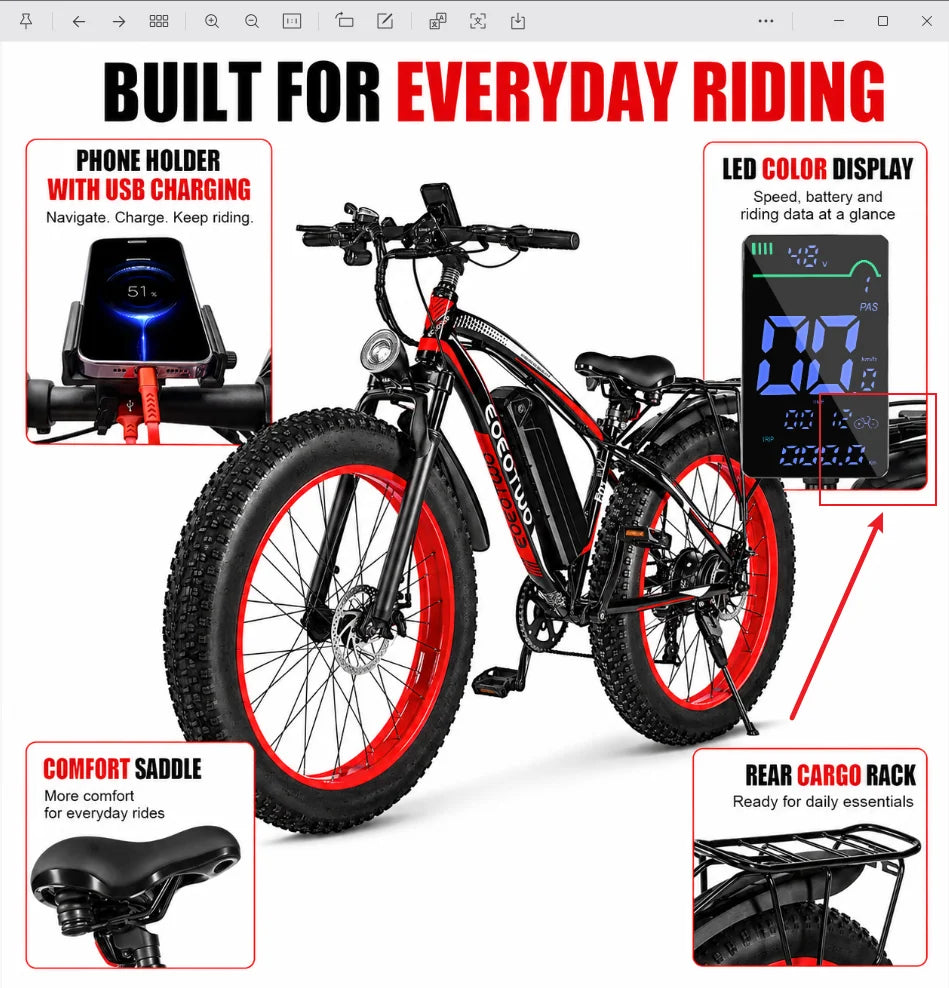 Eoeotwo 1500W Adult Fat Tire All Terrain Electric Commuter Bike