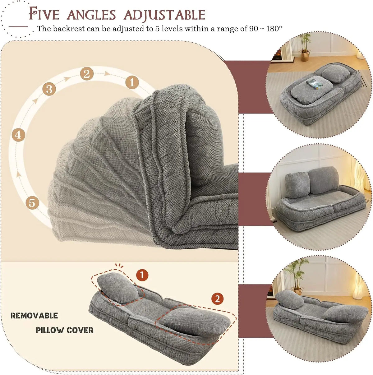 Convertible Upholstered Sofa Bed With Adjustable Backrest And Two Pillows