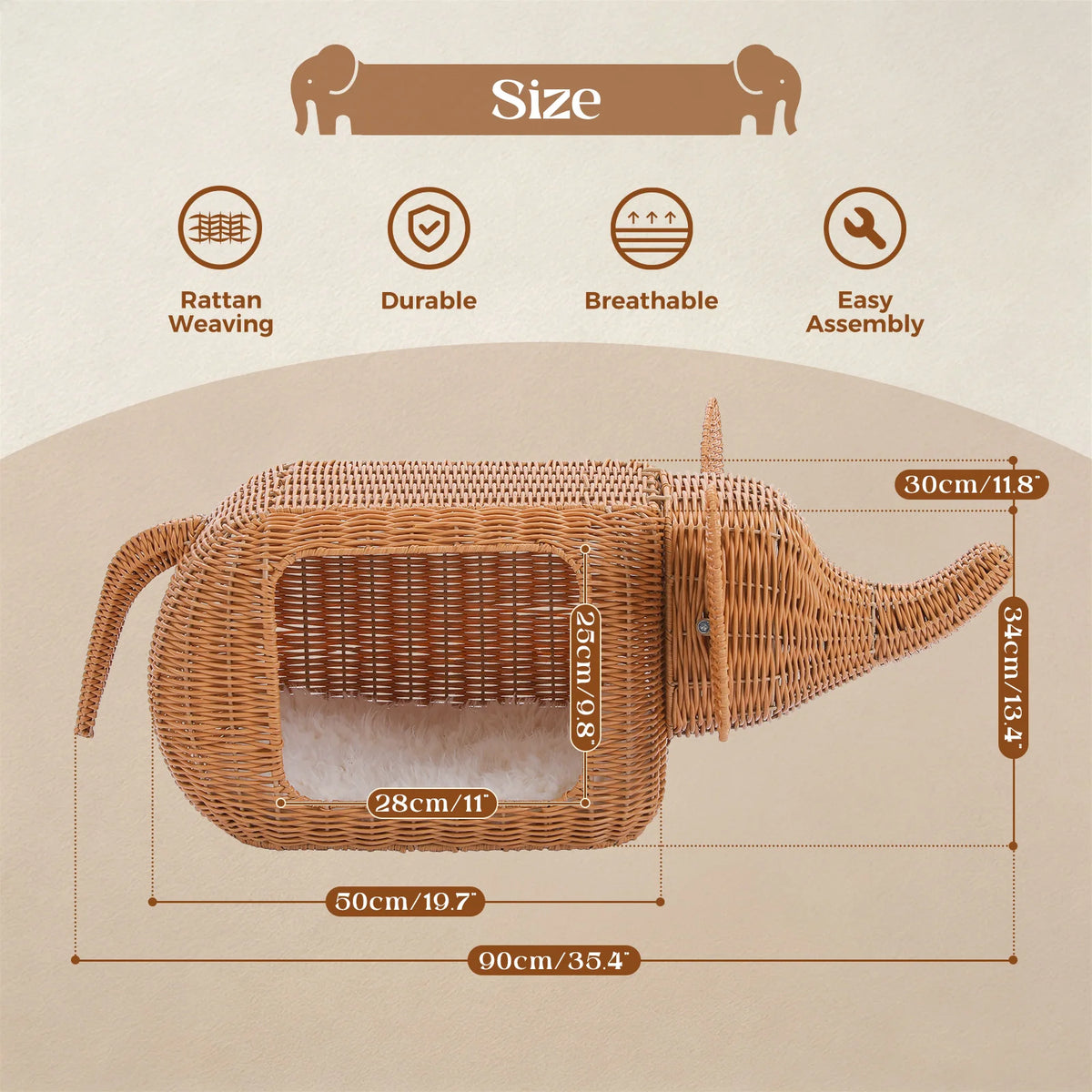PEQULTI Handmade Elephant Rattan Cat Condo Bed With Plush Cushion