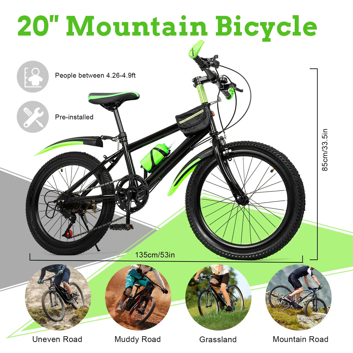 Kids 7 Speed Mountain Bike With Adjustable Seat And Mudguards