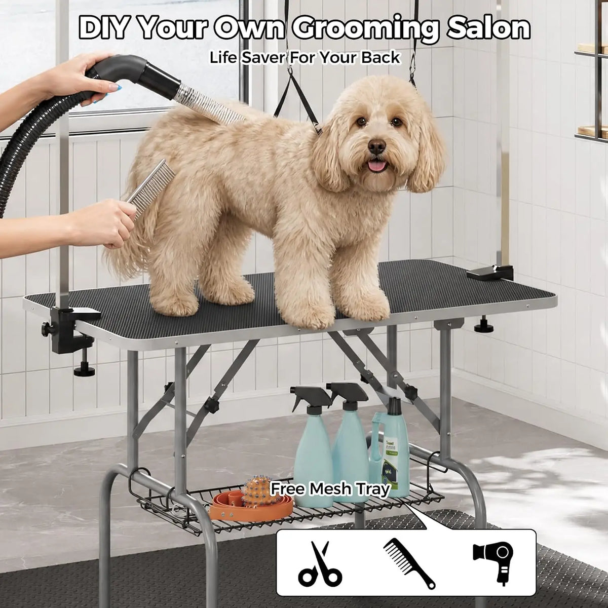 Garvee Professional Foldable Dog Grooming Table With Adjustable Safety Arm