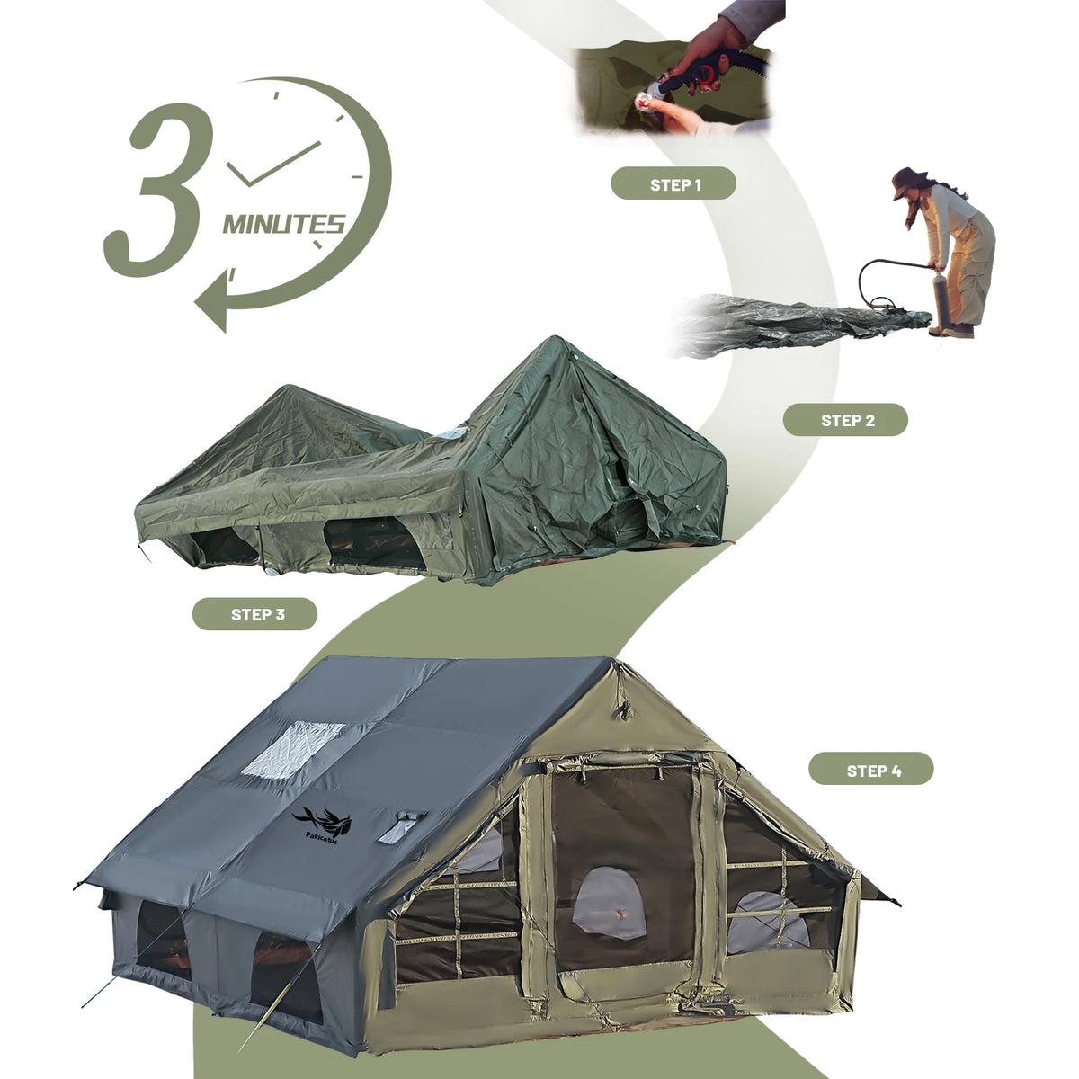 Pakicetus Inflatable Camping Tent With Roof Window And Stove Space