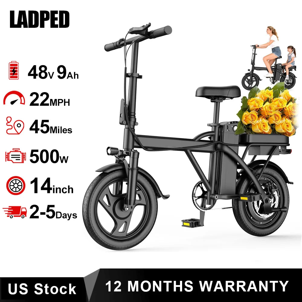 AOVOPRO Foldable Electric Bike With 500W Motor And Two Seats