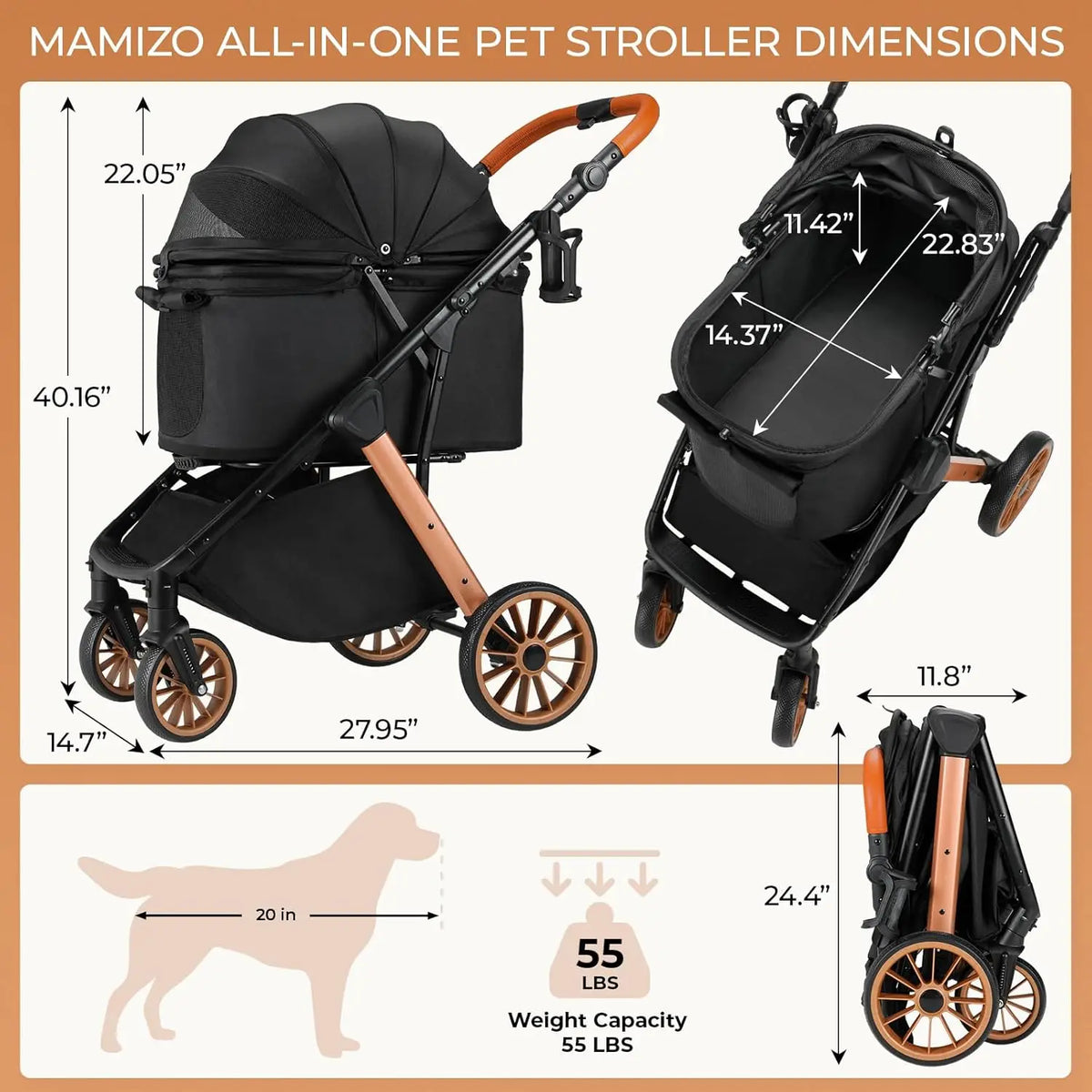 Foldable Pet Stroller for Dog and Cat Travel with Sunshade