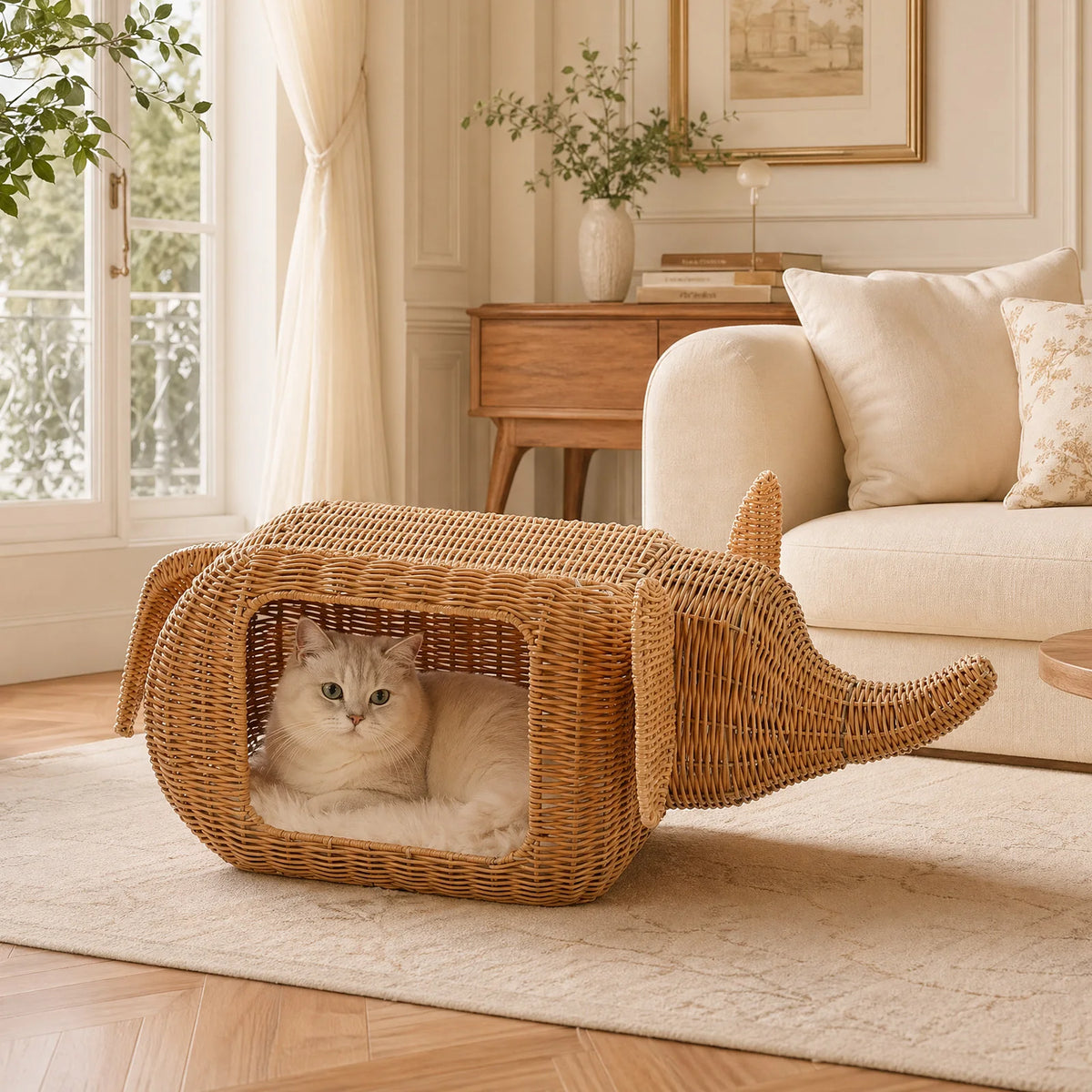 PEQULTI Handmade Elephant Rattan Cat Condo Bed With Plush Cushion
