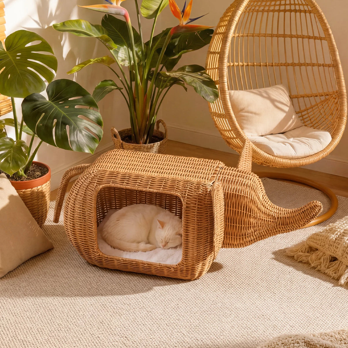 PEQULTI Handmade Elephant Rattan Cat Condo Bed With Plush Cushion